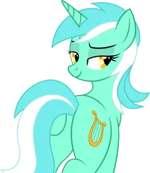 Size: 1961x2260 | Tagged: safe, artist:mlptmntfan2000, derpibooru import, lyra heartstrings, pony, unicorn, g4, bedroom eyes, butt, butt touch, hoof on butt, horn, image, looking at you, looking back, looking back at you, lyrebutt, plot, png, simple background, smiling, smiling at you, solo, transparent background, vector