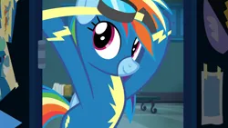 Size: 1920x1080 | Tagged: safe, derpibooru import, screencap, rainbow dash, pegasus, pony, g4, grannies gone wild, clothes, female, folded wings, goggles, goggles on head, image, indoors, locker room, lockers, looking up, png, smiling, solo, tail, uniform, wings, wonderbolts, wonderbolts uniform