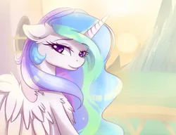 Size: 2400x1840 | Tagged: dead source, safe, artist:magnaluna, derpibooru import, princess celestia, alicorn, pony, g4, beautiful, bedroom eyes, chest fluff, colored pupils, cute, cutelestia, ear fluff, ethereal mane, eyebrows, eyebrows visible through hair, female, horn, image, jpeg, looking at you, mare, mountain, outdoors, shoulder fluff, smiling, smiling at you, solo, spread wings, sun, wing fluff, wings