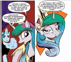 Size: 859x748 | Tagged: safe, artist:andy price, derpibooru import, idw, princess celestia, unnamed character, unnamed pony, alicorn, pony, unicorn, g4, spoiler:comic, chewing, eating, horn, image, jpeg, micro-series #10, my little pony micro-series, official comic