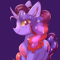 Size: 2048x2048 | Tagged: safe, alternate version, artist:cupute, derpibooru import, oc, oc:bisty, pony, g5, alternate cutie mark, alternate design, alternate eye color, alternate hair color, alternate hairstyle, chromatic aberration, curly hair, curly mane, curly tail, curved horn, cutiemark swap, evil grin, fluffy, freckles, frizzy hair, grin, horn, image, jpeg, misty brightdawn, purple background, redesign, reference, reference to another series, shiny, shiny mane, simple background, slit pupils, smiling, sparkles, stars, tail, teeth, yellow eyes