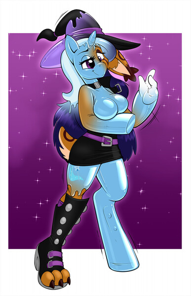 Size: 825x1280 | Tagged: suggestive, artist:redflare500, trixie, anthro, digitigrade anthro, original species, rubber pony, unguligrade anthro, unicorn, breasts, clothes, collar, dress, featureless breasts, furry to anthro, hat, image, jpeg, latex, latex skin, liquid latex, passepartout, rubber, seams, transformation, trixie's hat