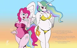 Size: 3224x2024 | Tagged: suggestive, artist:duragan, derpibooru import, fluttershy, pinkie pie, princess celestia, alicorn, anthro, earth pony, bikini, blushing, chubby, chubbylestia, clothes, cosplay, costume, cute, cutelestia, dialogue, fat, female, golden bikini, gradient background, image, one eye closed, one-piece swimsuit, overweight, patting, plump, png, pointing, pudgy, pudgy pie, shy, shylestia, swimsuit, wink