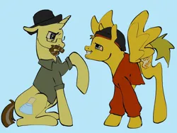 Size: 1440x1080 | Tagged: safe, artist:broniesforponies, derpibooru import, ponified, pegasus, pony, unicorn, blue background, breaking bad, duo, duo male, heisenberg, horn, image, jesse pinkman, jpeg, male, raised hoof, simple background, sitting, stallion, walter white