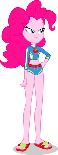 Size: 1280x3388 | Tagged: safe, artist:dustinwatsongkx, derpibooru import, pinkie pie, human, equestria girls, g4, applejack's beach shorts swimsuit, clothes swap, female, geode of super strength, image, magical geodes, midriff, png, sandals, simple background, solo, swimsuit swap, transparent background, vector