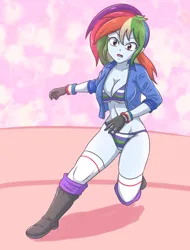 Size: 2200x2900 | Tagged: suggestive, artist:sumin6301, derpibooru import, rainbow dash, human, equestria girls, g4, bangs, belly button, breasts, busty rainbow dash, cleavage, clothes, concave belly, female, gloves, high res, hips, image, jacket, jpeg, legs, long sleeves, midriff, open mouth, panties, ponytail, solo, solo female, striped bra, striped panties, striped underwear, thighs, underwear, wristband