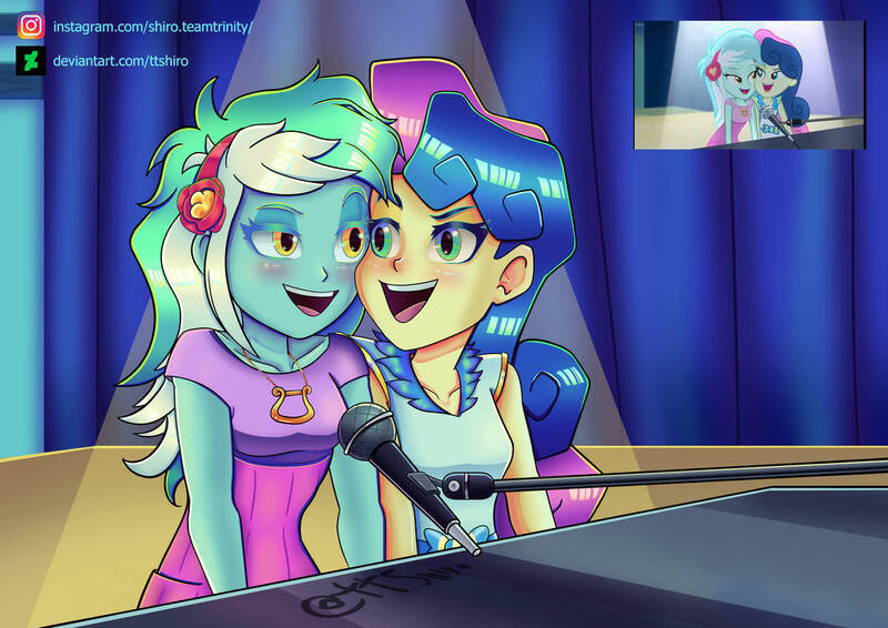 Size: 1063x752 | Tagged: safe, artist:ttshiro, derpibooru import, bon bon, lyra heartstrings, sweetie drops, human, equestria girls, g4, duo, duo female, female, image, jewelry, jpeg, lesbian, looking at each other, looking at someone, lyrabon, microphone, musical instrument, my little pony equestria girls: rainbow rocks, necklace, piano, scene interpretation, screencap reference, shipping, singing, spotlight, stage