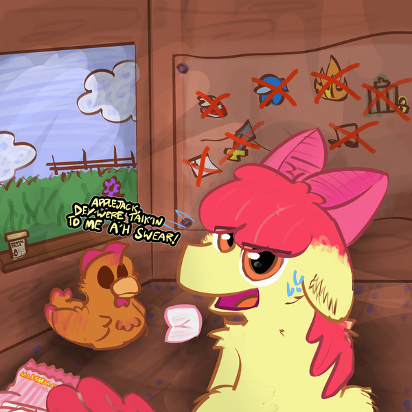 Size: 2048x2048 | Tagged: semi-grimdark, artist:felixmcfurry, derpibooru import, apple bloom, sweetie belle, bird, chicken, earth pony, pony, apple bloom's bow, background pony, bow, cloud, clubhouse, crusaders clubhouse, dialogue, floppy ears, food, grass, hair bow, hidden among us, image, implied applejack, insanity, looking back, marshmallow, medication, meme, normal pills, officer i swear they were talking to me, offscreen character, oh no, png, scootachicken, shoulder fluff, strawberry marshmallows, sweat, sweatdrop, sweetie belle is a marshmallow too, text, this will end in tears, window