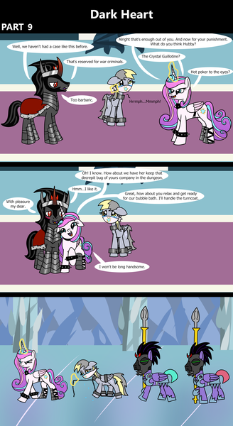 Size: 1920x3516 | Tagged: safe, artist:platinumdrop, derpibooru import, derpy hooves, king sombra, princess flurry heart, alicorn, crystal pony, pegasus, pony, unicorn, comic:dark heart, g4, 3 panel comic, abuse, alternate timeline, armor, bound wings, bracelet, chains, cloth gag, collar, comic, commission, crying, crystal, crystal castle, crystal empire, cuffed, cuffs, curved horn, dark crystal, derpybuse, dialogue, evil, evil flurry heart, evil grin, female, flirting, flurry heart is amused, folded wings, gag, glow, glowing eyes, glowing horn, grin, guard, hallway, helmet, horn, husband and wife, image, indoors, looking at each other, looking at someone, looking down, magic, magic aura, male, mare, mask, mind control, nuzzling, older, older derpy hooves, older flurry heart, onomatopoeia, over the nose gag, png, punishment, sad, shackles, ship:flurrybra, shipping, slave, slave collar, smiling, smug, smug smile, sombra soldier, sound effects, spear, speech bubble, spiked collar, spiked wristband, stallion, straight, tears of sadness, teary eyes, this will not end well, throne room, victorious villain, walking, wall of tags, weapon, wing cuffs, wings, wristband