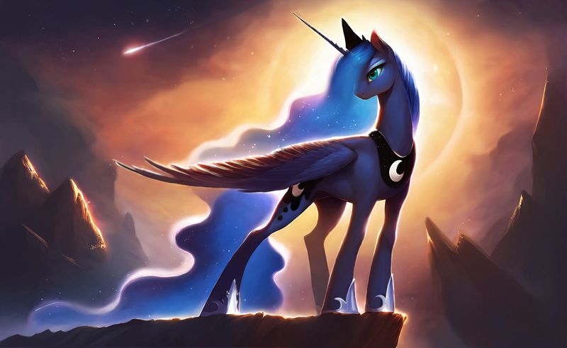 Size: 3520x2160 | Tagged: safe, ai content, derpibooru import, machine learning generated, prompter:derp621, stable diffusion, princess luna, alicorn, g4, comet, generator:pony diffusion v6 xl, image, jpeg, long mane, prompt in description, solo, stars, sun