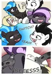 Size: 1400x2000 | Tagged: explicit, artist:vipy, derpibooru import, part of a set, oc, oc:nightwalker, oc:nimbus, oc:vipy, oc:whiteout, bat pony, earth pony, pegasus, pony, comic:dare after dare, close-up, comic, doggy style, female, from behind, glazed dick, group sex, horsecock, image, imminent anal insertion, imminent insertion, imminent sex, imminent vaginal, insertion, looking at each other, looking at someone, male, mare, missionary position, nudity, penis, png, sex, simple background, stallion, straight