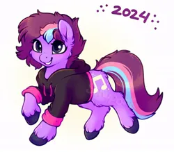 Size: 800x700 | Tagged: safe, artist:sekuponi, ponerpics import, oc, unofficial characters only, pony, 2024, clothes, current year, ear fluff, female, fluffy, fluffy legs, hoodie, image, jpeg, mare, multicolored hair, music notes, nostrils, pink coat, simple background, unshorn fetlocks, watermark, white background