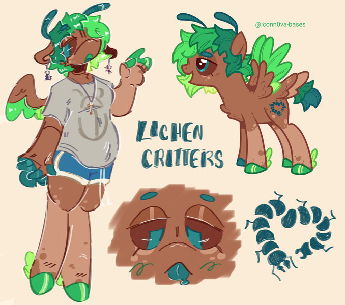 Size: 2048x1813 | Tagged: safe, artist:iconn0va-bases, artist:tottallytoby, derpibooru import, oc, oc:lichen critters, unofficial characters only, anthro, pegasus, unguligrade anthro, antennae, base used, beanbrows, beige background, blue text, blush scribble, blushing, brown coat, brown eyelashes, brown pupils, brown sclera, brown wings, chest fluff, clothes, coat markings, colored eyebrows, colored eyelashes, colored fetlocks, colored hooves, colored mouth, colored pinnae, colored pupils, colored sclera, colored tongue, colored wings, colored wingtips, ear piercing, earring, eyebrows, eyebrows visible through hair, eyelashes, facial markings, fetlock tuft, green hooves, green mane, green mouth, green wingtips, hair over one eye, hoof hands, hooves, image, jewelry, jpeg, lidded eyes, looking down, mismatched hooves, multicolored hooves, necklace, open mouth, pegasus oc, piercing, ponysona, raised arm, reference sheet, shiny hooves, shiny mane, shirt, short mane, short tail, shorts, simple background, small wings, socks (coat marking), solo, sports shorts, spread wings, standing, style emulation, t-shirt, tail, teal eyes, teal tongue, text, tongue out, two toned wings, wall of tags, wings