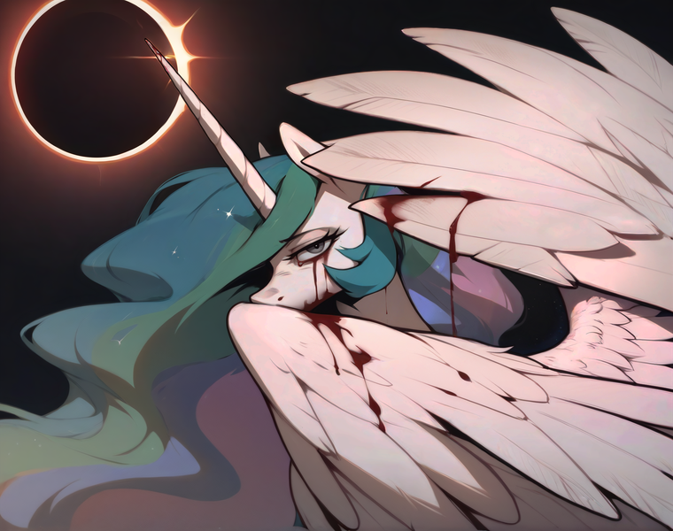 Size: 2048x1616 | Tagged: grimdark, ai content, anonymous prompter, derpibooru import, machine learning generated, stable diffusion, princess celestia, g4, blood, crying, eclipse, generator:pony diffusion v6 xl, gray eyes, image, looking at you, png, spread wings, tears of blood, wings