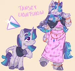 Size: 2000x1900 | Tagged: safe, artist:tottallytoby, derpibooru import, oc, oc:tansey lightshow, unofficial characters only, anthro, pony, unguligrade anthro, unicorn, :<, anklet, arm fluff, bangles, base used, bracelet, cheek fluff, clothes, colored eyebrows, colored eyelashes, colored hooves, colored horntip, colored pinnae, colored pupils, curved horn, ear fluff, ear markings, elbow fluff, eyebrows, eyeshadow, facial markings, female, fluffy, gold jewelry, hair over one eye, hoof hands, hooves, horn, horn cap, horn jewelry, image, jewelry, jpeg, leg fluff, leonine tail, lidded eyes, long mane, long skirt, long tail, looking down, looking up, makeup, mare, multicolored mane, multicolored tail, pencil skirt, pink background, pink skirt, purple coat, purple eyelashes, purple eyes, purple hooves, purple pupils, reference sheet, shawl, shoulder fluff, shoulderless, simple background, skirt, smiling, splotches, standing, straight mane, straight tail, style emulation, tail, tail fluff, tail jewelry, teal eyeshadow, thick eyebrows, tube top, unicorn horn, unicorn oc, waist chain, wall of tags, white pupils