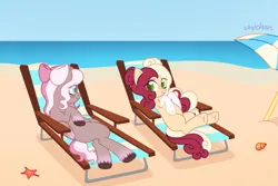 Size: 3000x2000 | Tagged: safe, artist:unichan, derpibooru import, oc, oc:raspberry radio, oc:timid paws, unofficial characters only, earth pony, pegasus, pony, starfish, beach, beach chair, beach umbrella, bow, chair, commission, duo, duo female, female, hair bow, image, mare, markings, ocean, png, sand, sun lounger, umbrella, unshorn fetlocks, water, ych result