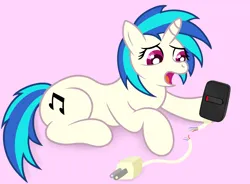 Size: 3500x2579 | Tagged: safe, artist:sweetielover, derpibooru import, vinyl scratch, pony, unicorn, g4, atg 2024, broken, charger, charging, female, high res, horn, image, low battery, newbie artist training grounds, open mouth, phone, png, simple background, sitting, solo, wires, worried