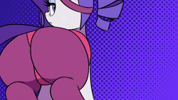 Size: 800x450 | Tagged: suggestive, artist:thebatfang, derpibooru import, edit, rarity, pony, unicorn, g4, alternate hairstyle, animated, bedroom eyes, butt, butt shake, clothes, female, gif, headband, holiday, horn, image, leotard, looking at you, looking back, looking back at you, loop, plot, rearity, solo, solo female, swaying hips, sweat, tail, the antithology 4.0, wide hips