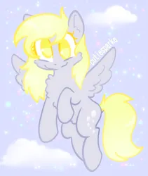 Size: 814x963 | Tagged: safe, artist:cutiesparke, derpibooru import, derpy hooves, pony, g4, cheek fluff, chest fluff, cloud, double mane, ear fluff, female, flying, image, lightly watermarked, looking at you, png, raised hoof, sky, sky background, smiling, solo, sparkles, spread wings, stars, watermark, wings