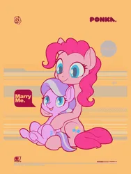 Size: 3000x4000 | Tagged: safe, artist:darkdoomer, ponerpics import, diamond tiara, pinkie pie, earth pony, pony, cute, design, dialogue, duo, female, filly, image, mare, png, ponerpics exclusive, shipping, sitting