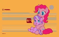 Size: 3840x2400 | Tagged: safe, artist:darkdoomer, ponerpics import, diamond tiara, pinkie pie, earth pony, pony, cute, design, dialogue, duo, female, filly, image, mare, png, ponerpics exclusive, shipping, sitting, wallpaper, widescreen