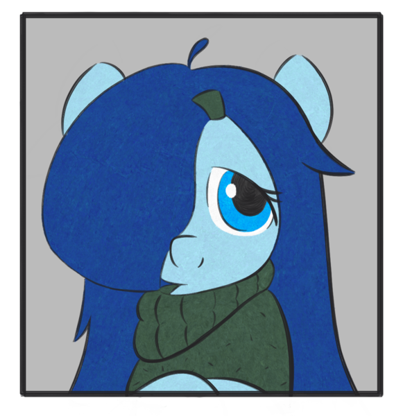 Size: 1040x1074 | Tagged: safe, artist:castafae, derpibooru import, oc, oc:babbling brook, unofficial characters only, earth pony, pony, bust, clothes, female, hair over one eye, hairclip, image, mare, png, portrait, simple background, solo, sweater, transparent background