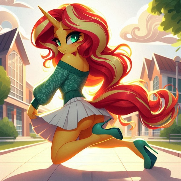 Size: 1024x1024 | Tagged: questionable, ai content, derpibooru import, machine learning generated, prompter:glimmy-glam, sunset shimmer, anthro, equestria girls, g4, adorasexy, blushing, clothes, cloud, cute, female, generator:dall-e 3, high heels, houses, image, jpeg, kneeling, lamppost, looking at you, no underwear, off shoulder, off shoulder sweater, outdoors, school uniform, sexy, shoes, sidewalk, skirt, smiling, solo, solo female, stiletto heels, sweater, upskirt, window