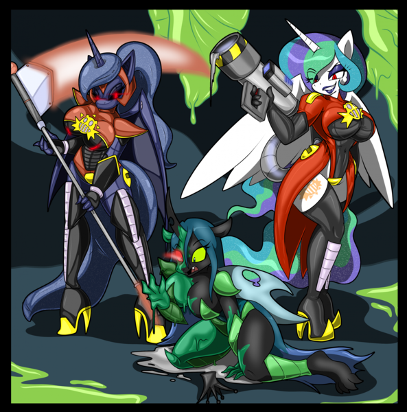 Size: 1909x1930 | Tagged: suggestive, artist:tinker-tock, derpibooru import, princess celestia, princess luna, queen chrysalis, alicorn, anthro, changeling, changeling queen, digitigrade anthro, goo, unguligrade anthro, g4, absolute cleavage, altered cutie mark, armor, backpack, barefoot, big breasts, black sclera, boots, breasts, busty princess celestia, busty princess luna, busty queen chrysalis, changeling hive, changeling slime, cleavage, clothes, cocoon, commission, corrupted, crossover, crown, defeated, eggman empire of equestria, energy blade, evening gloves, evil grin, eye clipping through hair, eyeshadow, feet, female, females only, gloves, glow, glowing eyes, green sclera, grin, hair over one eye, helmet, high heel boots, image, jewelry, kneeling, latex, latex boots, latex gloves, latex suit, lipstick, long gloves, looking at self, looking at someone, looking down, makeup, mind control, no trigger discipline, open mouth, png, purple eyeshadow, purple lipstick, red eyes, red sclera, regalia, rocket launcher, scythe, shoes, smiling, sonic the hedgehog (series), thigh boots, transformation, trio, trio female, tube, weapon, zombot