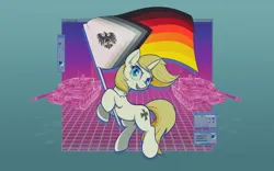 Size: 2560x1600 | Tagged: safe, artist:darkdoomer, ponerpics import, oc, oc:panzerstute, pony, unicorn, commission, flag, image, png, politics, pride flag, retro, solo, stolzmonat, vaporwave, ych result