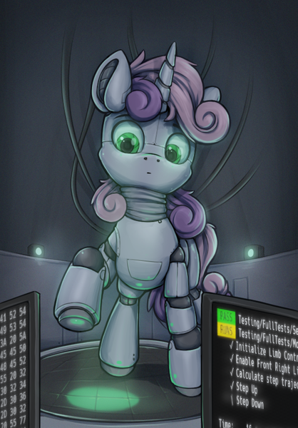 Size: 592x850 | Tagged: safe, artist:zeepheru_pone, derpibooru import, sweetie belle, pony, robot, robot pony, unicorn, atg 2024, code, computer, female, green eyes, horn, image, light, newbie artist training grounds, png, raised hoof, solo, sweetie bot