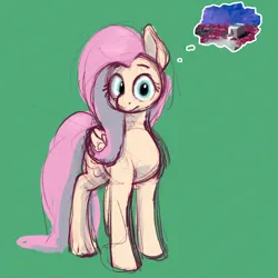 Size: 2048x2048 | Tagged: safe, artist:phutashi, derpibooru import, fluttershy, pony, atg 2024, colored sketch, exploitable meme, female, g4, green background, image, looking at you, mare, meme, newbie artist training grounds, png, reference, simple background, sketch, solo, spill, spilled drink, spilled milk, spongebob reference, spongebob squarepants, thought bubble