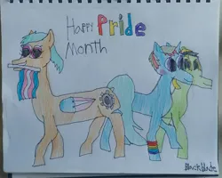 Size: 3252x2604 | Tagged: safe, artist:blackblade360, derpibooru import, oc, oc:grassy shot, oc:rina flightline, oc:sharpeye, earth pony, pegasus, pony, unicorn, blushing, colored pencil drawing, earth pony oc, female, flag, gay pride, gay pride flag, horn, image, irl, jpeg, looking at each other, looking at someone, male to female, mare, multiple characters, oc x oc, paper, pegasus oc, photo, pose, pride, pride flag, pride month, rule 63, shipping, signature, smiling, smiling at each other, stick, traditional art, transgender, transgender pride flag, unicorn oc, wings