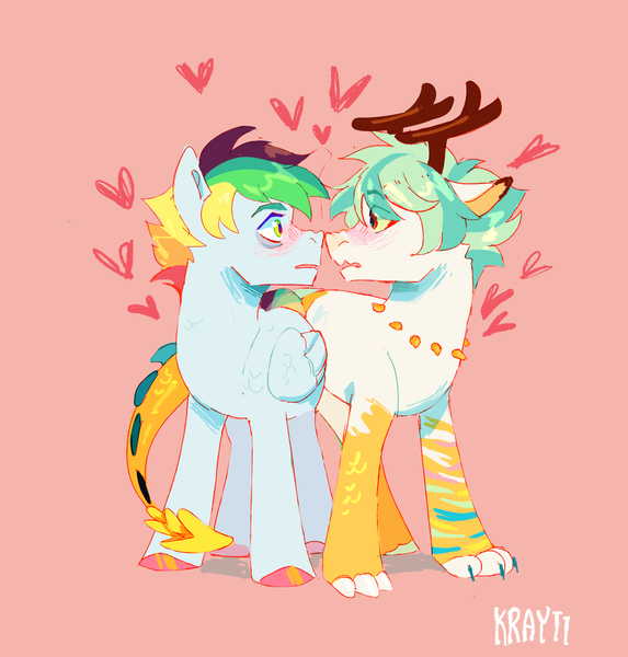 Size: 2328x2436 | Tagged: safe, artist:kraytt-05, derpibooru import, oc, oc:philadelfia, oc:rain coffee, unofficial characters only, hybrid, pegasus, pony, antlers, blushing, boop, duo, duo male, floating heart, gay, heart, image, interspecies offspring, jpeg, looking into each others eyes, male, noseboop, oc x oc, offspring, offspring shipping, parent:discord, parent:princess celestia, parent:rainbow dash, parent:soarin', parents:dislestia, parents:soarindash, pink background, shipping, signature, simple background, stallion