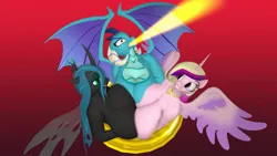 Size: 1280x720 | Tagged: suggestive, artist:melding_embrace, princess cadance, princess ember, queen chrysalis, alicorn, anthro, changeling, changeling queen, dragon, 3d, bedroom eyes, conjoined, conjoined by boobs, female, gradient background, gritted teeth, horn, image, jewelry, jpeg, looking sideways, not salmon, ring, shrunken pupils, smiling, source filmmaker, spread wings, wat, wings