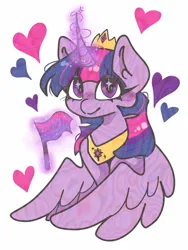 Size: 750x1000 | Tagged: safe, artist:raggdollii, derpibooru import, twilight sparkle, twilight sparkle (alicorn), alicorn, pony, bisexual pride flag, blushing, crown, eye clipping through hair, female, g4, glow, glowing horn, heart, horn, image, jewelry, jpeg, looking at you, magic, magic aura, mare, partially open wings, peytral, pride, pride flag, pride month, regalia, simple background, smiling, smiling at you, solo, sparkly eyes, telekinesis, white background, wingding eyes, wings