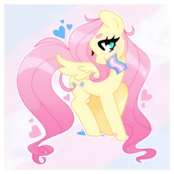 Size: 1400x1400 | Tagged: safe, artist:vivian reed, derpibooru import, fluttershy, pegasus, pony, female, floating heart, g4, heart, image, jpeg, long mane, long tail, looking at you, mare, mouth hold, pride, pride flag, pride month, smiling, smiling at you, solo, spread wings, tail, trans female, trans fluttershy, transgender, transgender pride flag, wings