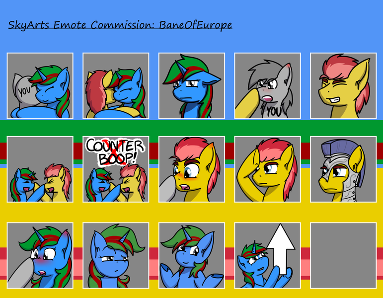 Size: 1500x1168 | Tagged: safe, artist:skydreams, derpibooru import, oc, oc:bane, oc:wander bliss, unofficial characters only, pegasus, unicorn, arrow, blushing, boop, commission, emote, emotes, female, helmet, horn, hug, image, male, plume, png, pointing, royal guard, salute, shrug, smiling, stare