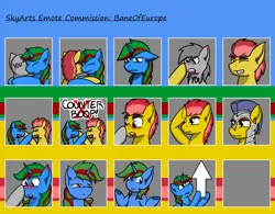 Size: 1500x1168 | Tagged: safe, artist:skydreams, derpibooru import, oc, oc:bane, oc:wander bliss, unofficial characters only, pegasus, unicorn, arrow, blushing, boop, commission, emote, emotes, female, helmet, horn, hug, image, male, plume, png, pointing, royal guard, salute, shrug, smiling, stare