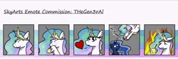 Size: 1500x500 | Tagged: safe, artist:skydreams, derpibooru import, princess celestia, princess luna, alicorn, pony, banana, coffee, commission, crown, emotes, female, fire, food, giggling, heart, image, jewelry, mare, meme, mug, peytral, png, pounce, regalia, smiling, startled, this is fine