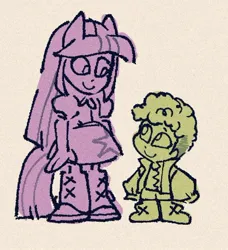Size: 686x751 | Tagged: safe, artist:disaterror, derpibooru import, spike, twilight sparkle, dog, human, equestria girls, alternate design, boots, clothes, curly hair, dress, duo, duo male and female, female, g4, height difference, humanized, image, jacket, jpeg, knee-high boots, limited palette, long mane, long tail, looking at each other, looking at someone, male, oversized clothes, pony ears, shirt, shoes, short hair, simple background, skirt, smiling, smiling at each other, species swap, spike the dog, standing, straight mane, straight tail, tail, texture, yellow background