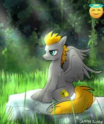 Size: 1726x2048 | Tagged: oc name needed, safe, artist:petaltwinkle, derpibooru import, part of a set, oc, unofficial characters only, pegasus, pony, art trade, blue eyes, colored, detailed, detailed background, emoji, frown, grass, gray coat, image, jpeg, long tail, male, narrowed eyes, nature, outdoors, pegasus oc, rock, shiny eyes, short mane, signature, sitting, solo, spiky mane, spread wings, stallion, tail, wings, yellow mane, yellow tail