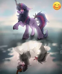 Size: 1726x2048 | Tagged: safe, artist:petaltwinkle, derpibooru import, part of a set, twilight sparkle, pony, unicorn, alternate design, alternate hairstyle, art trade, bangs, blurry background, brown hooves, colored, colored hooves, colored horn, day, duality, ear fluff, emoji, evil twilight, eye clipping through hair, eyelashes, fetlock tuft, floppy ears, frown, g4, glow, glowing eyes, horn, image, jpeg, long mane, long tail, looking at you, missing cutie mark, multicolored mane, multicolored tail, outdoors, purple coat, purple eyes, raised hoof, red eyes take warning, reflection, signature, sky, solo, sparkly mane, sparkly tail, standing, staring into your soul, tail, tied tail, unicorn twilight, unique horn, unshorn fetlocks, water, wide eyes, wingding eyes