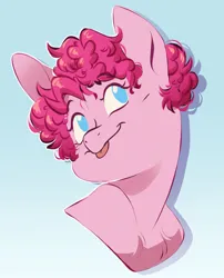 Size: 2048x2536 | Tagged: safe, artist:chub-wub, derpibooru import, pinkie pie, earth pony, pony, :p, blue eyes, chest fluff, countershading, curly mane, eyelashes, female, g4, gradient background, image, jpeg, looking up, mare, no pupils, pink coat, pink mane, requested art, shadow, short mane, short mane pinkie pie, smiling, solo, tongue out