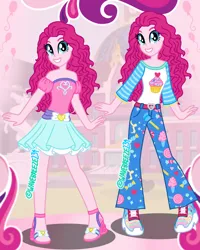 Size: 1080x1350 | Tagged: safe, artist:wavebreeze234, derpibooru import, pinkie pie, human, equestria girls, 2d, belt, belt buckle, canterlot high, clothes, curly hair, female, g4, image, looking at you, png, shirt, shoes, short sleeves, skirt, smiling, smiling at you, waistband