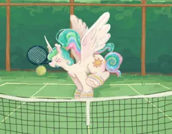 Size: 1657x1287 | Tagged: safe, artist:saskaw, derpibooru import, princess celestia, alicorn, pony, alternate hairstyle, ball, chest fluff, eyes closed, female, g4, image, jpeg, mare, mouth hold, ponytail, solo, sports, spread wings, tennis, tennis ball, tennis racket, unshorn fetlocks, wings