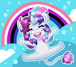 Size: 3914x3459 | Tagged: safe, artist:partypievt, derpibooru import, oc, oc:party pie, anthro, classical unicorn, unicorn, chibi, cloven hooves, commission, eyebrows, eyebrows visible through hair, eyes closed, facial markings, freckles, genderfluid, genderfluid pride flag, horn, image, leonine tail, open mouth, png, ponytail, pride, pride flag, rainbow, smiling, solo, tail, unshorn fetlocks, ych example, ych result, your character here