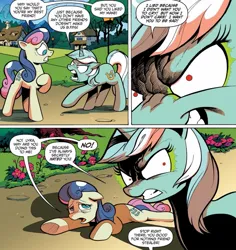Size: 1015x1074 | Tagged: safe, artist:andypriceart, derpibooru import, idw, screencap, bon bon, lyra heartstrings, sweetie drops, changeling, earth pony, pony, unicorn, spoiler:guardians of harmony, disguise, disguised, disguised changeling, evil eyes, g4, horn, image, jpeg, official comic