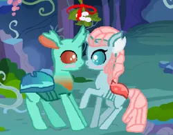 Size: 1018x798 | Tagged: safe, artist:wildrose17, derpibooru import, cornicle, ocellus, changedling, changeling, base used, blushing, duo, duo male and female, female, g4, image, male, mistletoe, png, shipping, straight