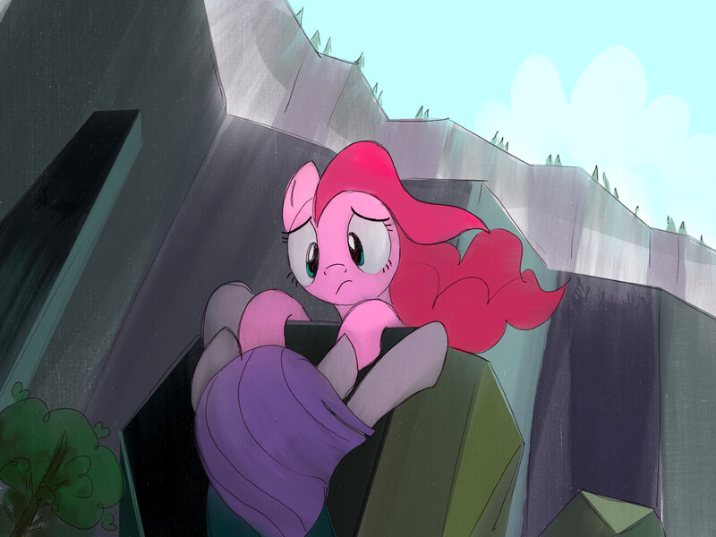 Size: 2732x2048 | Tagged: safe, artist:mandumustbasukanemen, derpibooru import, maud pie, pinkie pie, earth pony, pony, rock solid friendship, dangling, distraught, duo, duo female, female, g4, ghastly gorge, image, jpeg, mare, outdoors, scene interpretation, siblings, sisters