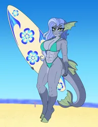 Size: 3400x4400 | Tagged: suggestive, artist:terton, derpibooru import, ponerpics import, ponybooru import, oc, oc:marisol, unofficial characters only, anthro, original species, pony, sea pony, shark, shark pony, unguligrade anthro, abs, anthro oc, barely pony related, big breasts, bikini, breasts, busty oc, clothes, cloven hooves, commission, fangs, female, image, mare, muscles, png, slit pupils, surfboard, swimsuit, unamused